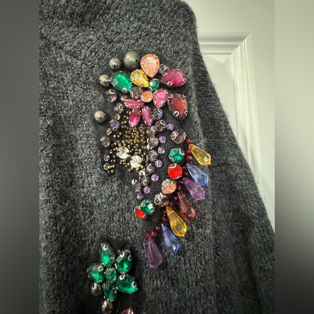 NWOT!! Zara Women’s Gray Open Long Cardigan with Multicolor Jewels L - Picture 5 of 8